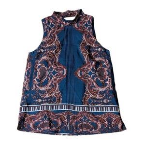 Aryn K Navy and Rust Baroque Sleeveless Mock Neck Top